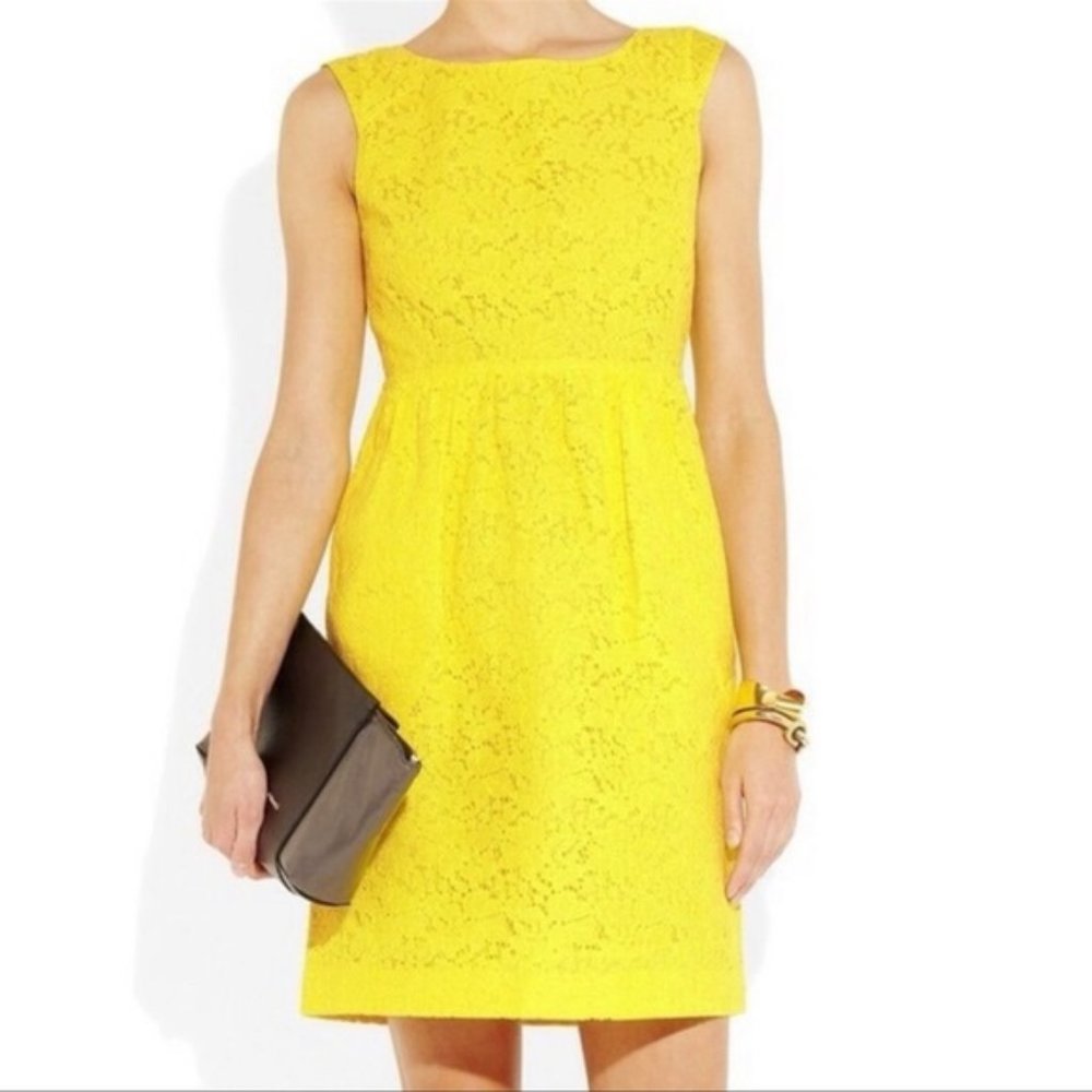J Crew Yellow Floral Lace Sleeveless Lined Cotton Sheath Dress Womens Size 8
